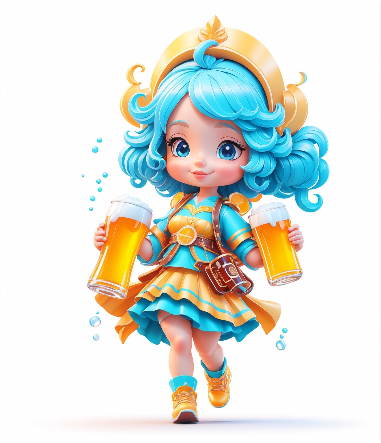 coloring graphic logo illustration of а girl is carrying beer, vector, intricate detail, bright color, solid white background, made with adobe illustrator, in the style of Studio Gibli, 3d style, 3d, 3d render,chibi