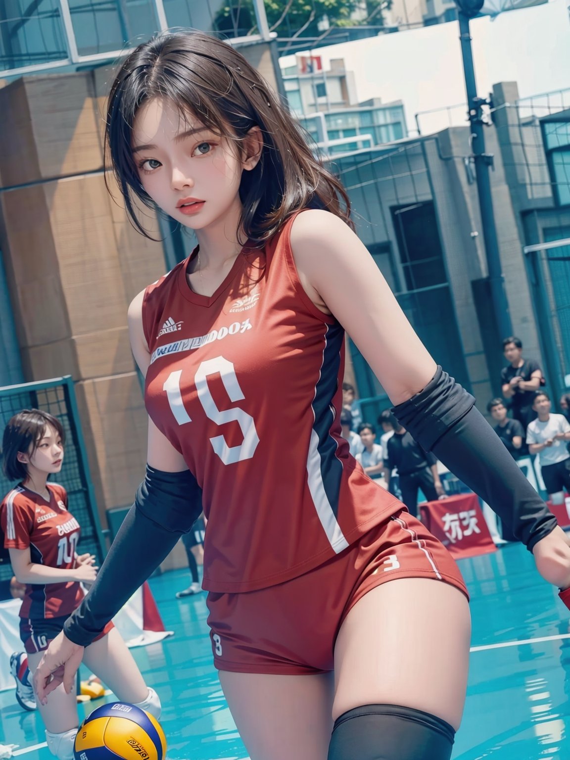 1 girl, play volleyball, (dynamic volleyball player pose:0.5),asian girl,jennie,b3rli