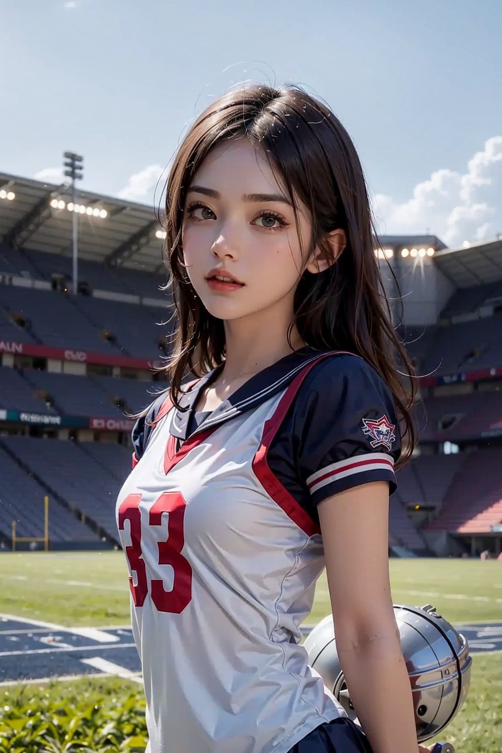 beautifull sky, detailed face, roller blade, sailor school uniform, american football field, ,long hair