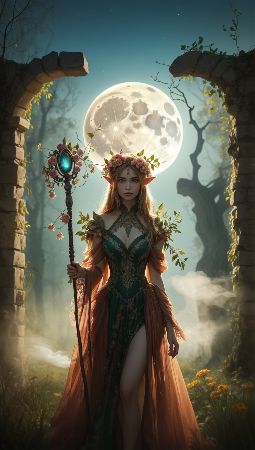 Full moon made for me; what reason falls the day? It's beauty, not often seen, when evening comes, and clouds line the way. In a dappled, ancient forest ruin, an Elf Princess stands tall, medium shot, full body shown, her scepter raised high, smoke atmospheric particles, sparkling flower and vine costume, ultra beautiful angry Forest Elfin Princess walking straight towards camera looking at the viewer with a penetrating angry gaze, very large eyes, ultra-high detail, perfect anatomical hands four fingers and a thumb, dynamic pose, forest background, covered in flowers and vines, Masterpiece, best quality, (zentangle, mandala, tangle, entangle), (fractal art:1.3) , 1girl, extremely detailed, lace, dynamic angle, thick oil on canvas art style, in the style of Rembrandt,