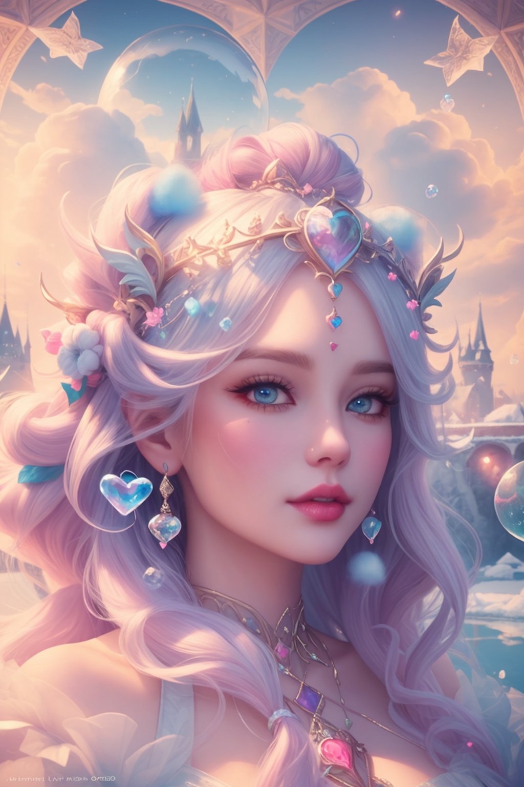 Cotton Candy Queen Women Goddess 8k Resolution Rendered Hyper Realistic Intricate Detail lives in an frosty heart shaped ice bubble, a fanciful place filled with castles, cotton candy, swans lakes and fluffy clouds, An intricate visual representation of computer programing, rendered in 24k resolution with intricate details and symbols.