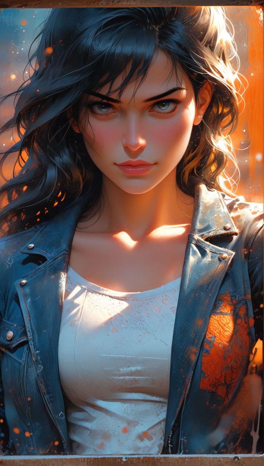 Portrait of a beautiful black haired woman opened denim jacket top, middrift, braless,tattered shirt, quarter turn to right, head turned to the right, facing the camera, clevage, sensual, hints of impretionism, bold photography, blues and orange shadows morning light, hyper detailed realism, 8k resolution, upper body portrat.