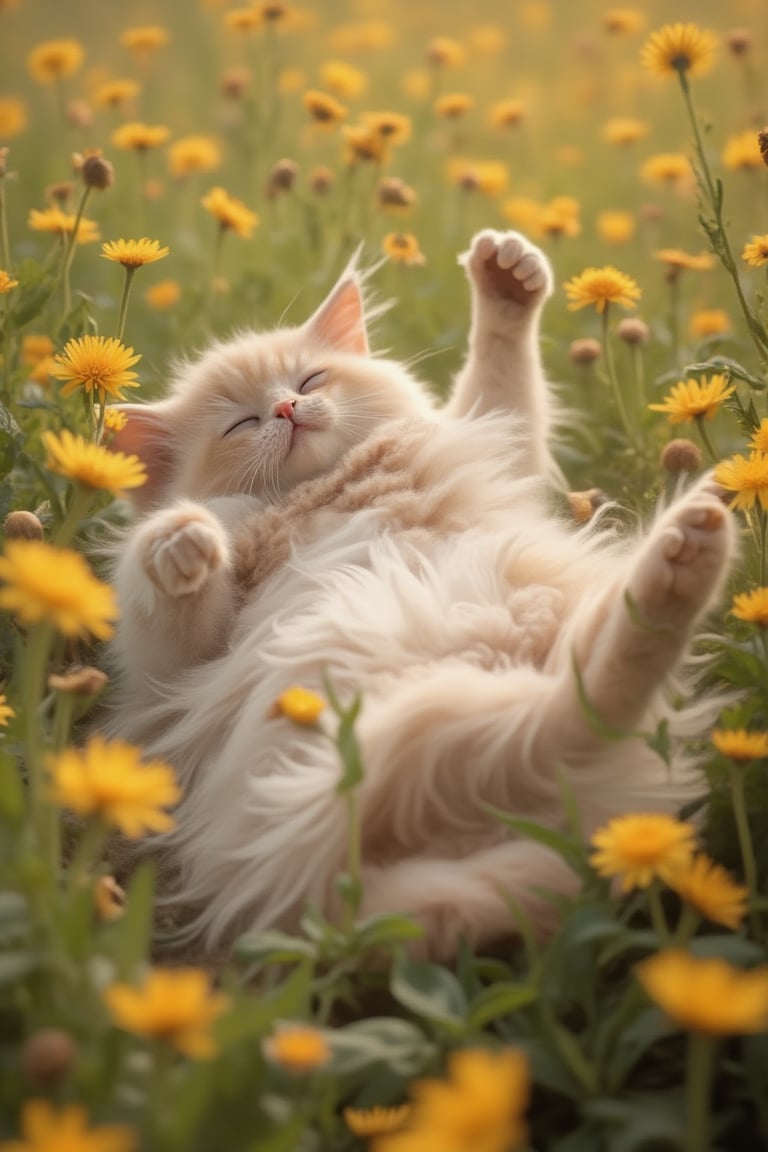 pale fluffy maine-coon cat rolling on its back in a field of dandelions, 8k resolution,