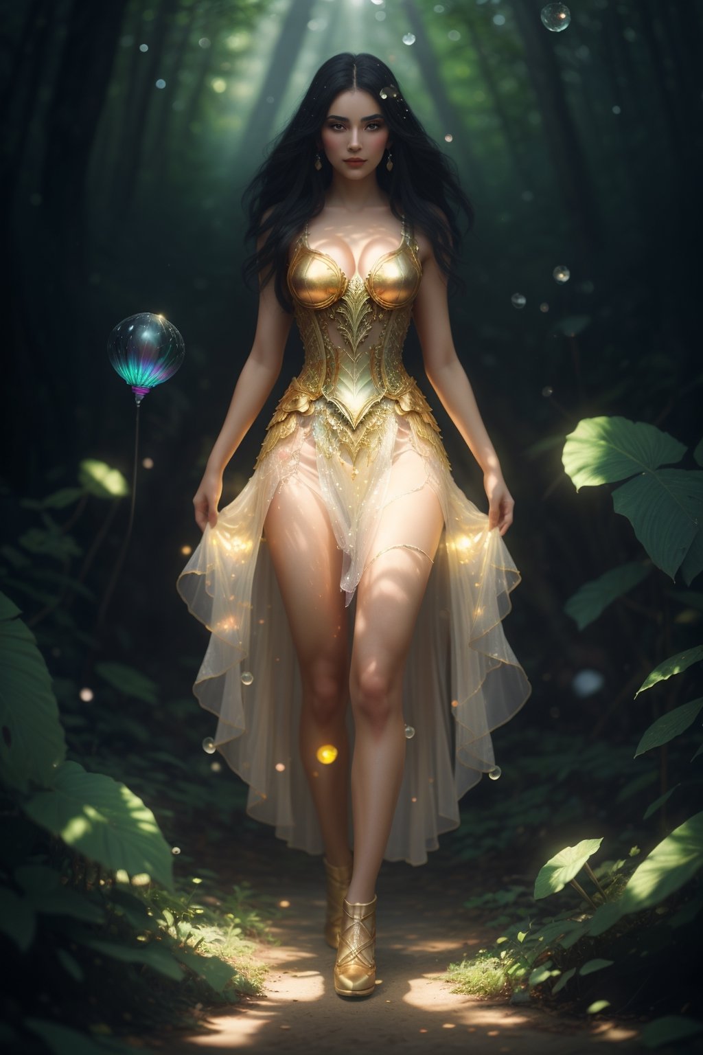 Guardian of the Enchanted Grovean armored woman with iridescent, beautiful vibrant multiple colors, wing-like pauldrons, standing tall amidst an ethereal grove of towering, luminescent mushrooms, the forest floor covered in sparkling dewdrops, a mystical aura emanating from her presence, the air filled with a soft, golden glow, captured through a hyper-realistic digital painting with a focus on intricate details and a seamless blend of natural and magical elements, rendered using a combination of Blender and Photoshop.