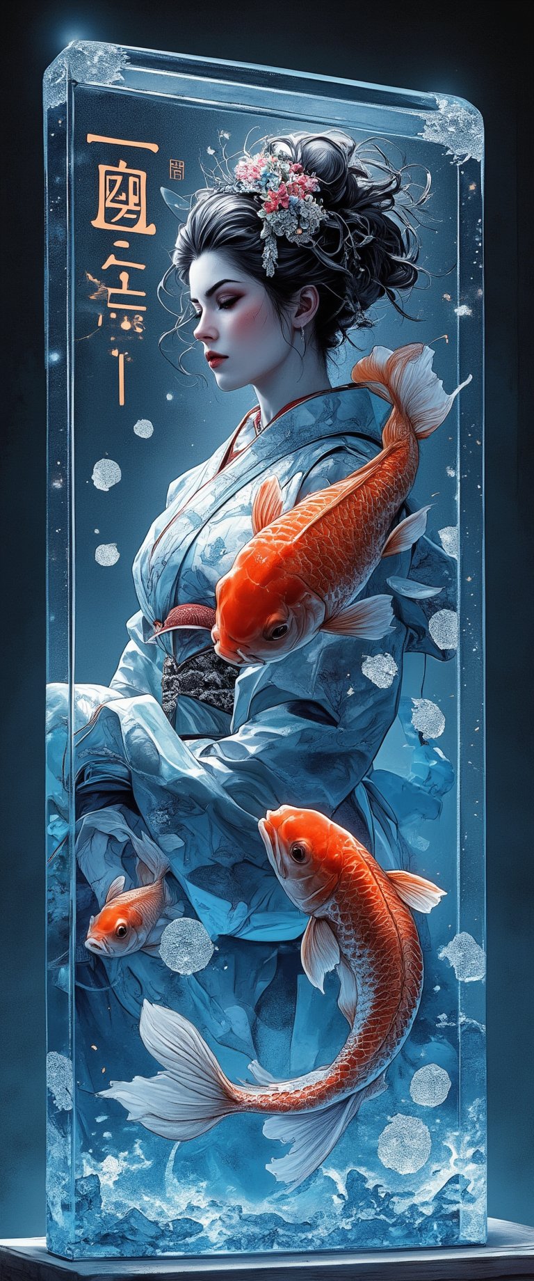 Photo, realistic, light refraction, ((acrylic with goldfish illustration embedded in desk)),  llngsh AND 1920s geisha, face, brunette, kimono goldfish look like they are swimming in Chinese letter panterns that spell ni hao, deep blue and light blue gradation, very beautiful, cool feeling piece,  