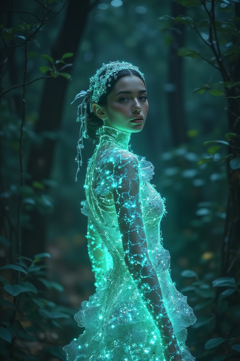 A woman with a glowing aura outline, standing in a dark forest, wearing an intricate, luminous outfit that radiates neon light, with an hourglass figure and delicate facial features, surrounded by the faint silhouettes of trees illuminated by the ethereal glow.
