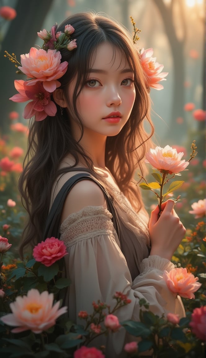 Portrait of a Caucasian beautiful girl holding the most delicate flower, blured forest background, morning sunrise, 8k