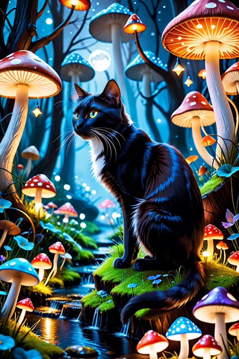 Alex in wonderland, the land of OOZ and O, fantasy cats in nighttime mushroom town bioluminescent, mushrooms bigger than a cat, black cats, white cats, mice, fairies, elves, fairy lanterns, lighted windchimes,colorful