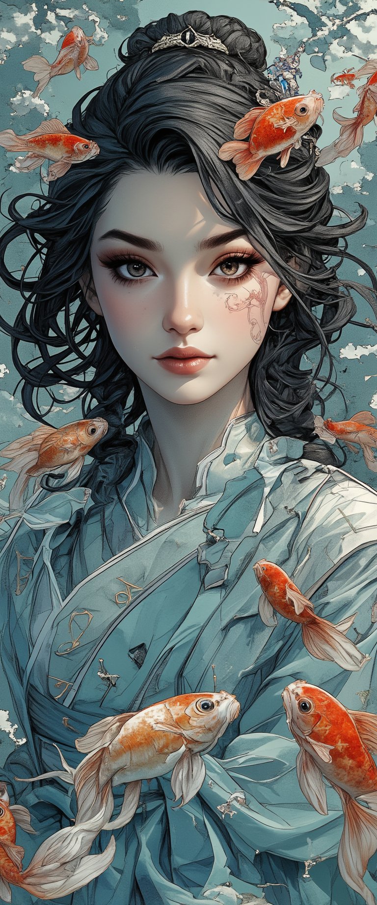 Photo, realistic, light refraction, ((acrylic with goldfish illustration embedded in desk)),  llngsh AND 1920s geisha, face, brunette, kimono goldfish look like they are swimming in Chinese letter panterns that spell ni hao, deep blue and light blue gradation, very beautiful, cool feeling piece, front view of face and full body head to toe angel woman facing the camera, full color Sketch book, highly detailed hand drawn, light, realistic sketch, light tealand gold chiffon linen and flowing gossamer with ruffled silk under garments dress braded dark brown hair Rough sketch, mix of bold dark lines and loose lines, bold lines, on paper, beautiful angel facing camera, character model sheet, back view included on character sheet. female, Full body, runes, light hero theme, flowing partially braided hair, beautiful 8k photorealistic, 