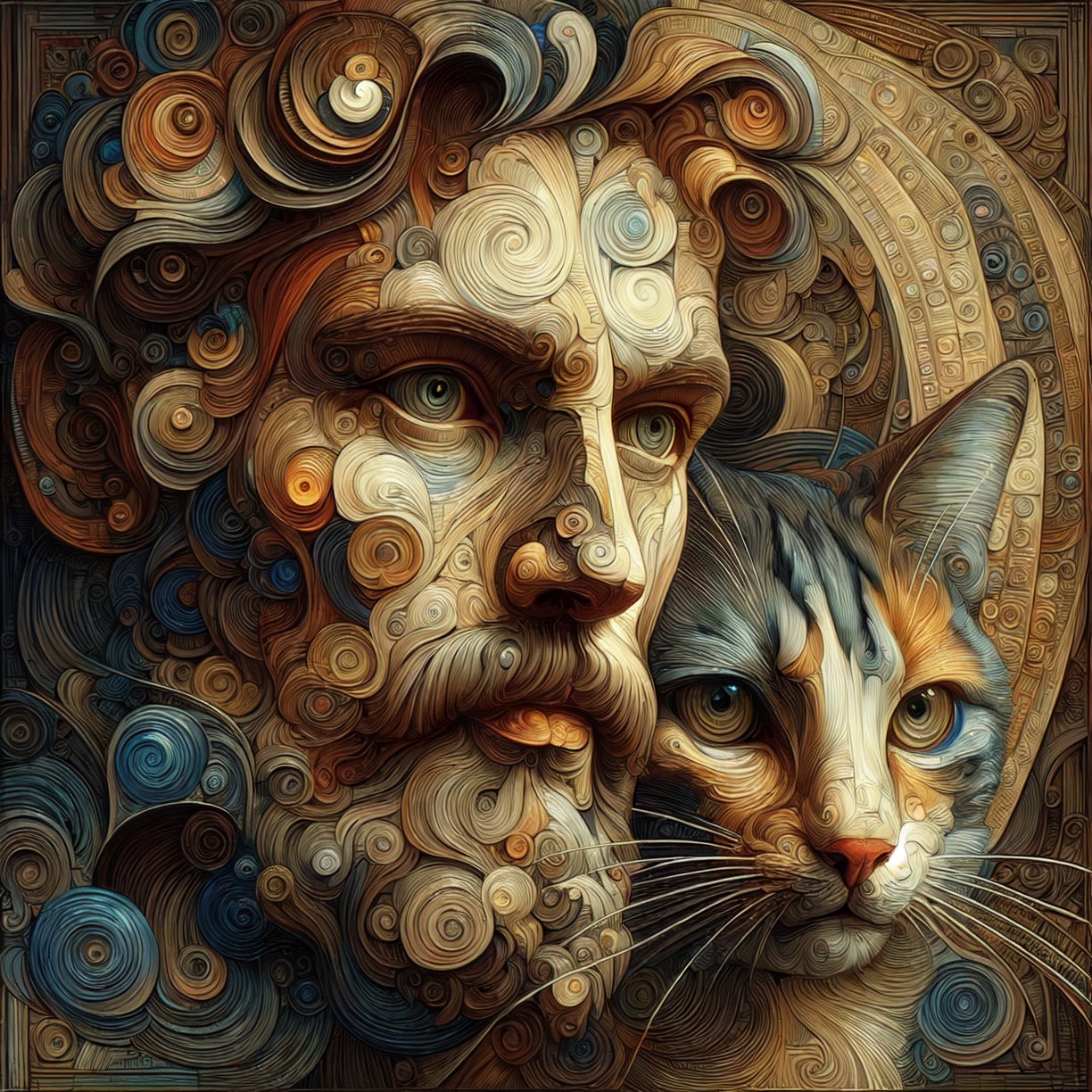 (An abstract depiction of a man's cat, rendered in the distinctive style of Caravaggio, evokes fragmented recollections, while the influence of Rembrandt emerges in the intricate, multi-layered figures, the interplay of contrasting tones, and the richly patterned imagery), detailed textures, high quality, high resolution, high Accuracy, realism, color correction, Proper lighting settings, harmonious composition, Behance works, minimalist hologram,

