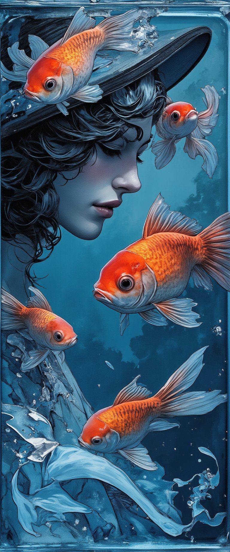 Photo, realistic, light refraction, ((acrylic with goldfish illustration embedded in desk)),  llngsh AND 1920s flapper dancer, face, brunette,  goldfish look like they are swimming, deep blue and light blue gradation, very beautiful, cool feeling piece,  