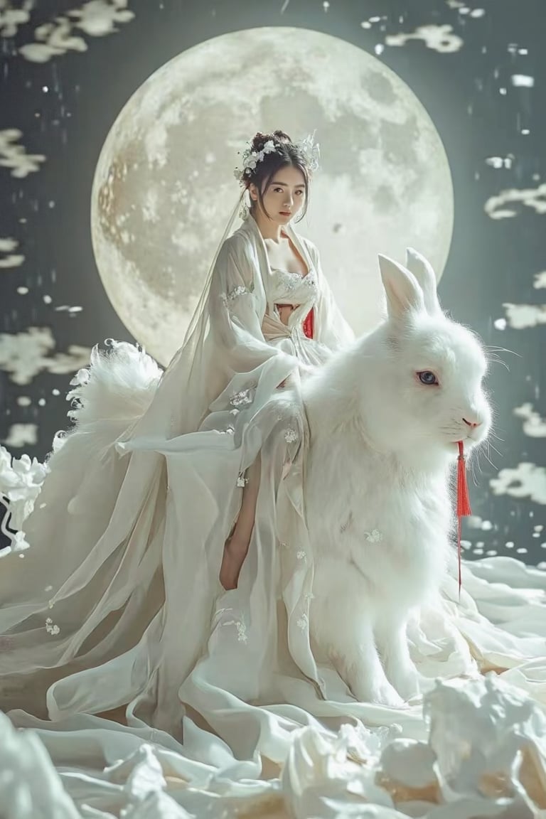 A young woman in a beautiful white hanfu rides on the back of a giant white rabbit on a soft, patterned fabric. She is adorned with delicate floral hair ornaments and a red tassel hangs from her waist. Her expression is serene and elegant, her gaze directed towards the viewer. she is riding on the back of a giant 40 foot tall white rabbit her, her legs hang down gracefully, side saddle, like a lady, adding a touch of innocence and charm to the scene. The background features a large moon, creating a sense of cultural richness and mystique. 