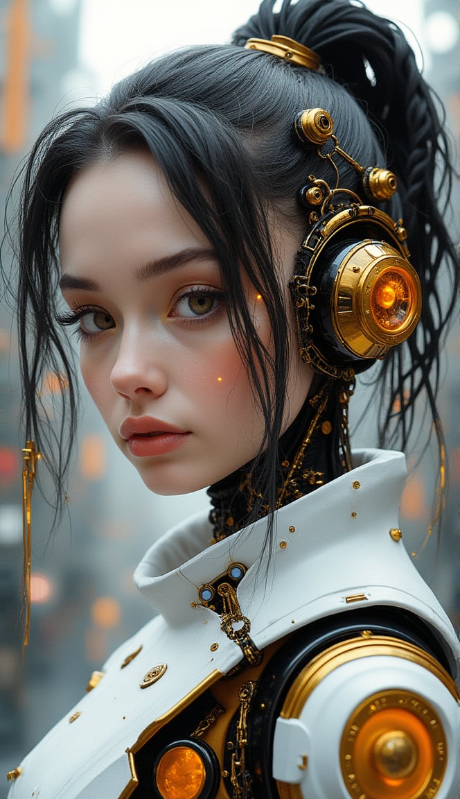 (masterpiece:1.2),(Highest quality),(Super detailed),(Ultra-high resolution),(Best illustrations),8k,wallpaper,Future City,Beautiful female cyborg,whole body,psychedelic,Vector art, braids, rows, layered textures,progressive,pop,sf,cyber punk,sexy, peach skin, diamond fractured parts white gold black, dynamic movement pose, moving, beautiful cyberpunk mech girl, clean design all tech parts smoothly intergrated, profile looking at the viewer, whole body shot, full body shot, cyberpunk image, 8k, 
