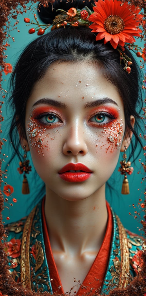 A painting of an Asian woman, Papier-Mâché, in the style of precisionist art, meticulous design, highly detailed illustrations, dark turquoise and red, rusty debris, eye-catching tags, flickr --ar 1:2 --stylize 750 --v 6