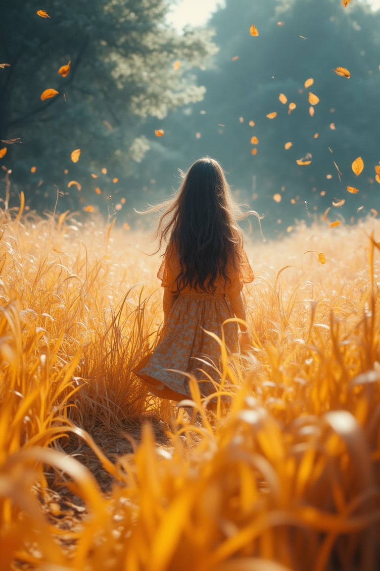 a girl walking through a field, very windy, very tall dry grass, blowing boiling swirling wind, plowing leaves of grass, all the many leaves and color, in the style of ethereal trees, dark yellow and azure, majestic, sweeping seascapes, photorealistic representation, graceful balance, wimmelbilder, orange --ar 72:101 --stylize 750 --v 6