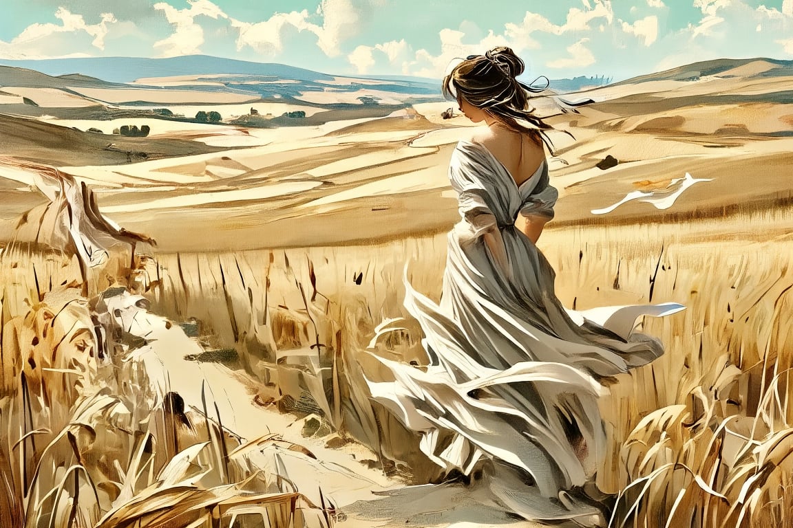 An Asian girl standing in an old wheat field along an old rut road looking down in profile, The winds are blowing cross the plains, 8k resolution.