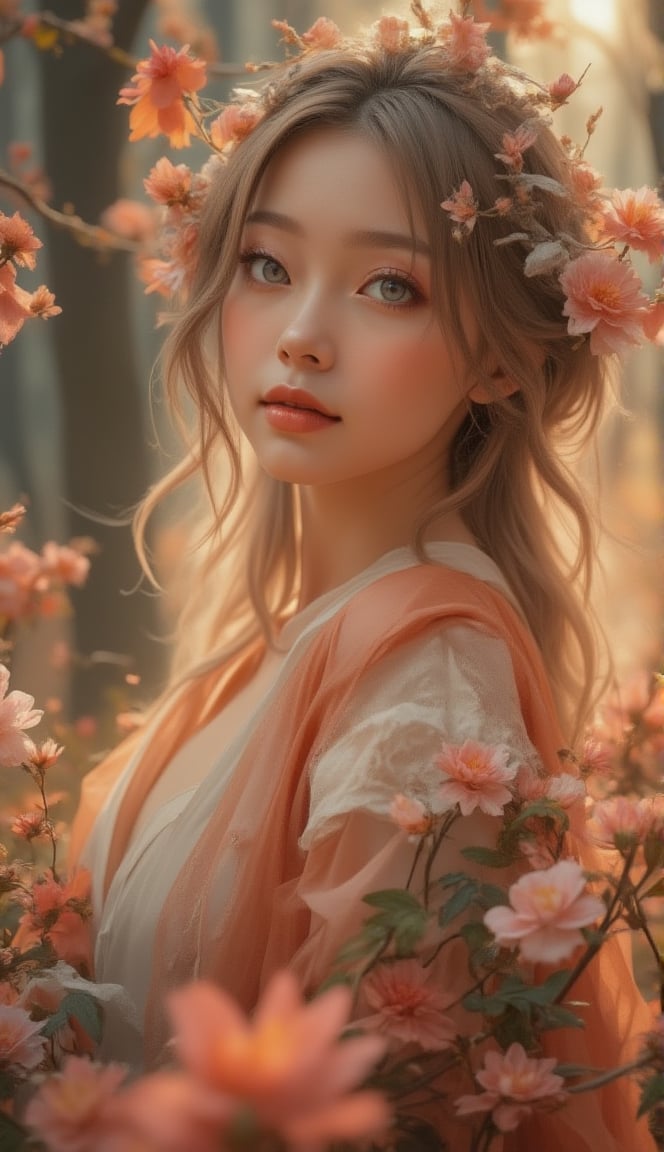 Portrait of a Caucasian beautiful girl holding the most delicate flower, blured forest background, morning sunrise, 8k