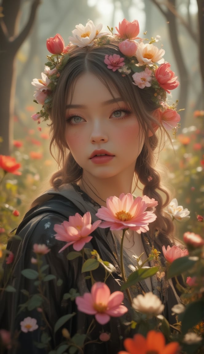 Portrait of a beautiful dutch girl holding a tiny most delicate rare flower, blured forest background, background colors should match forground colors in harmony, morning sunrise, 8k