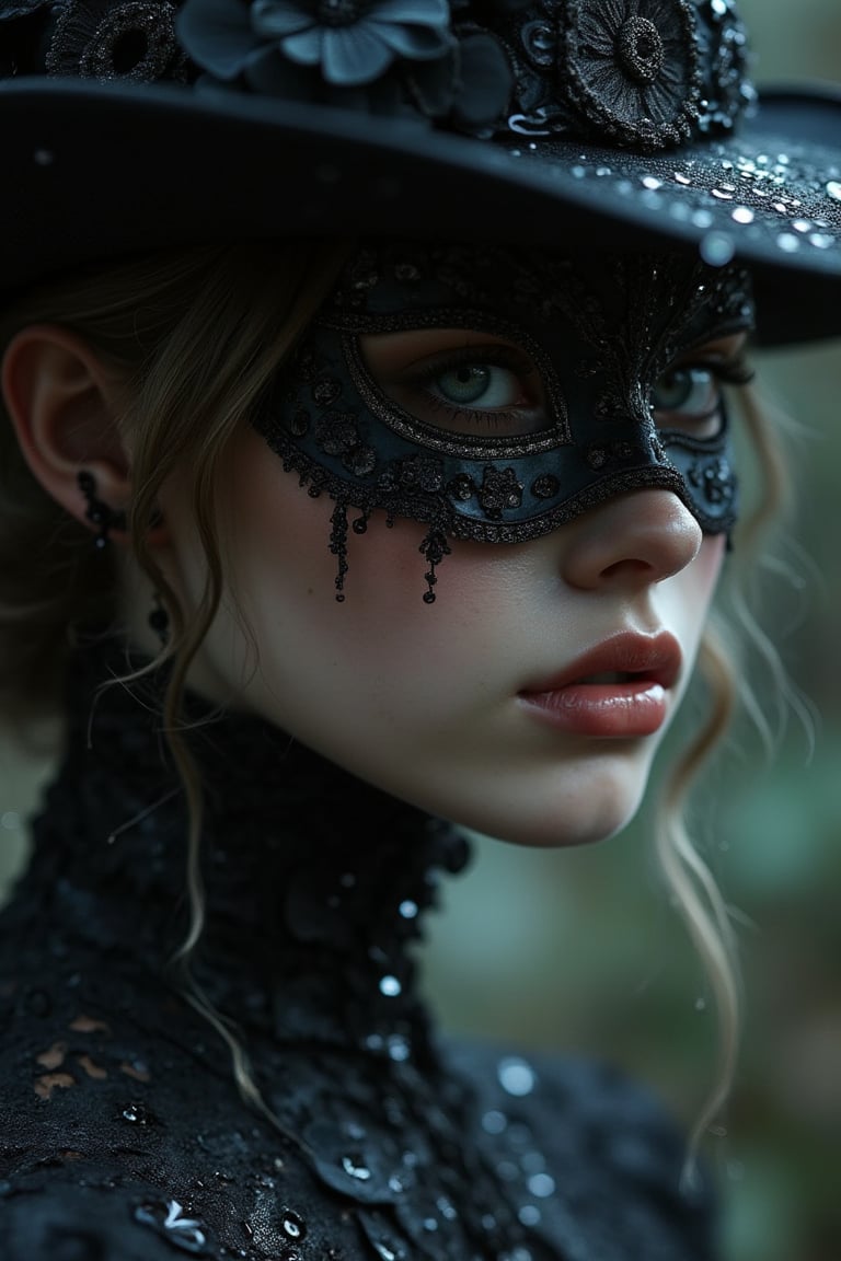 a ultra close up tiny little frog in a raindrop, a close up of a person wearing a mask, dreamy gothic girl, elegant render, half body photo, mistress, photoshop render, ebony rococo, elegant girl, female spy, haunting beautiful young woman, super-hero girl, extravagant dress, beauty girl, zorro, broad brimmed black hat, 8k resolution,