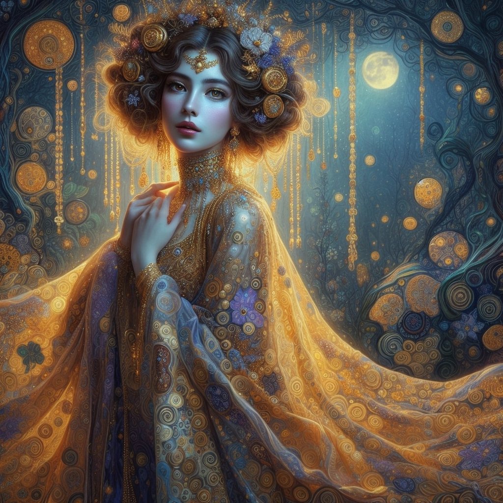 high quality, highly detailed, Envision a hyper-realistic portrait inspired by the enchanting style of Gustav Klimt, set in a magical twilight forest. The captivating woman, adorned in flowing robes reminiscent of Klimt's golden period, stands amidst ethereal flora under the soft glow of the moon, Drawing from Klimt's intricate patterns and symbolism, the artist meticulously captures the woman's features, emphasizing the mesmerizing details of her expression, The strands of her hair cascade gracefully, echoing Klimt's ornate and decorative compositions, by yukisakura, high detailed,