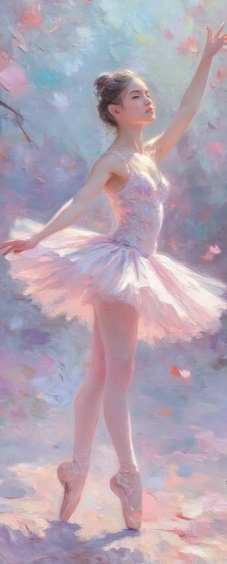 En Pointe Élan: A beautiful young woman stands tall, facing the camera, teasing the camera, her slender form poised in perfect balance as she holds the delicate curve of her leg aloft. Soft brushstrokes dance across the canvas, blending pastel hues of pale pink, lavender, and mauve to evoke a dreamlike quality. The ballerina's porcelain skin glows with a subtle luminescence, while her tutu unfolds like a wispy cloud around her ankles. A tapestry of colors - whispery blues, mauves, and pinks - unfurls behind her, evoking the soft focus of an impressionist landscape at dawn. The air is alive with movement, as if the very fabric of reality has been suspended in time to capture this fleeting moment of ethereal beauty.