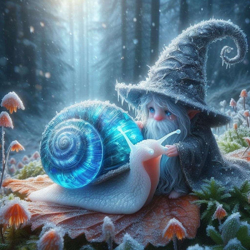A wizard and his familiar, which is a magical ice snail with white skin and glowing blue crystalline shell, fantasy, snow, ice, digital art, a diminutive gently crying little wizard with curled pointy hat with tears as big as dew drops sitting in the rain on a leaf covered by moss, snowy forest background, tiny flowers, sparkling with frosty snow dew and snow drops, red orange and yellow colors through dappled sunlight,perfecteyes eyes