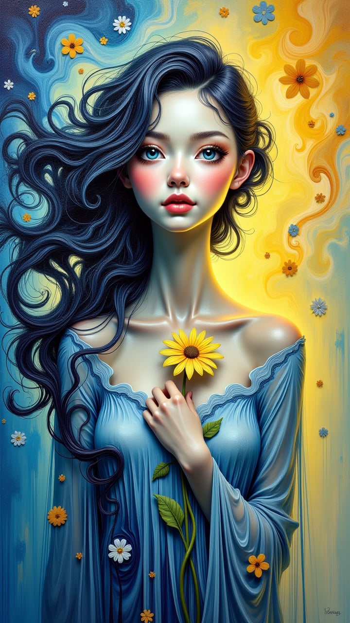 A vibrant oil canvas masterpiece unfolds, showcasing an ethereal beauty with flowing locks holding a flower to her chest. Soft hues of cerulean blue and buttery yellow swirl around her, as if the brushstrokes themselves were alive. The composition is a symphony of abstract shapes, echoing the works of Beksinski, Pacheco, Sutherland, and Adams. Van Gogh's expressive strokes infuse the piece with an otherworldly essence, as if the very fabric of reality was being manipulated on the canvas. The contrast between light and dark is deliberate, drawing the viewer's eye to the subject's enigmatic smile.