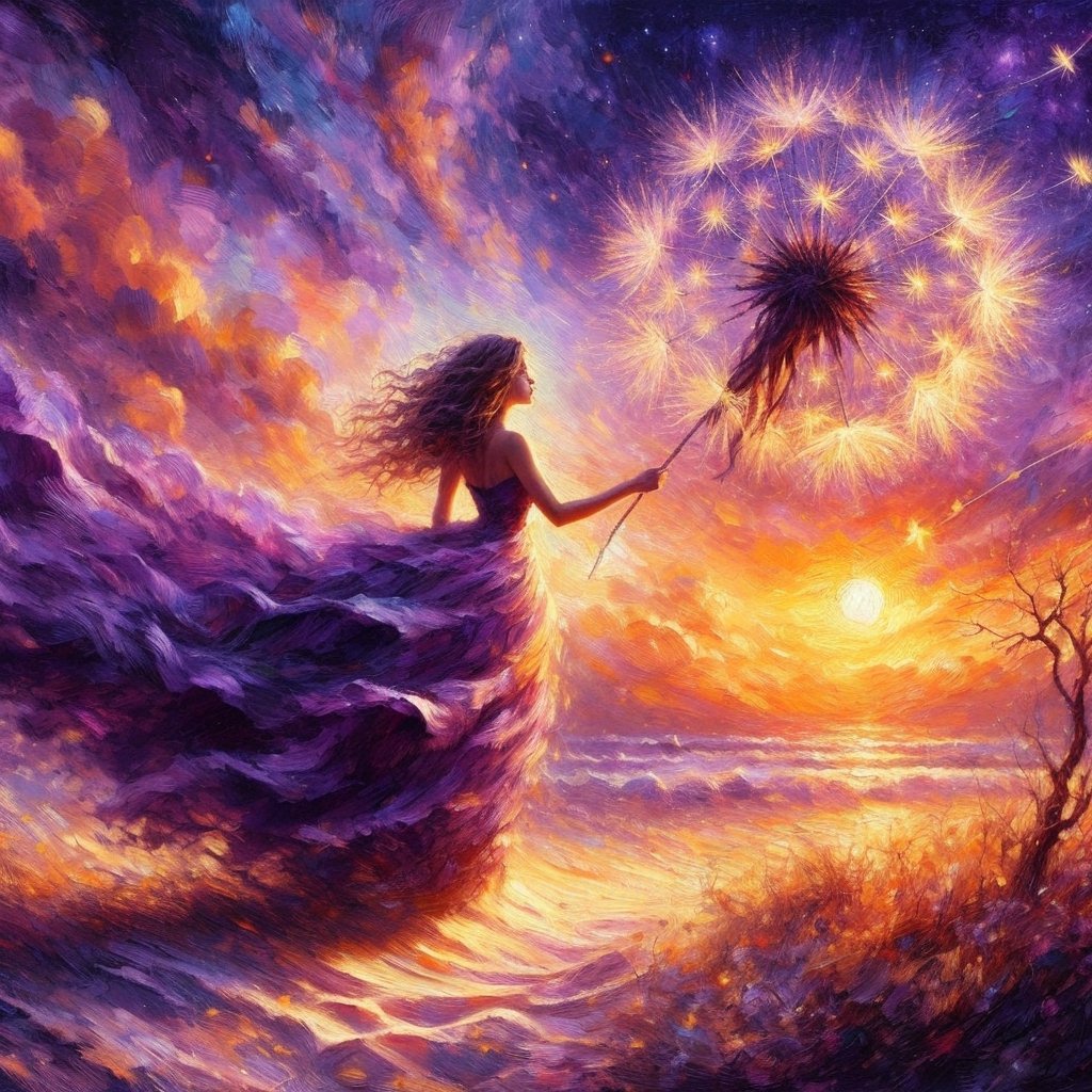 A cute and very beautiful woman in a purple dress with the sun in the background holding on to a star encrusted dandelion husk floating over a violet and orange-yellow sky lofted on the winds of a changing world lost in the sands of time.,photo of perfecteyes eyes,oilpainting