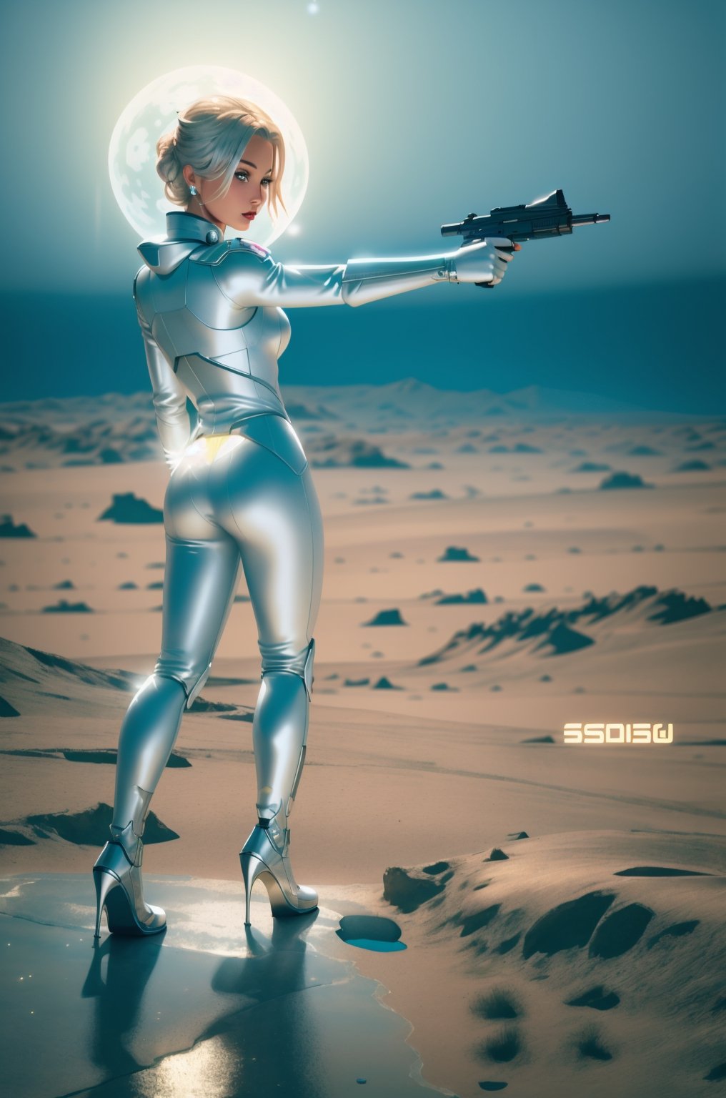 arafed woman in a space suit holding a gun in a desert, as a retro futuristic heroine, kylie minogue as barbarella, as a retrofuturistic heroine, silver space suit, hajime sorayama style, “ femme on a galactic shore, inspired by hajime sorayama, abbey lee kershaw as emma frost, white cyborg fashion shot,perfect