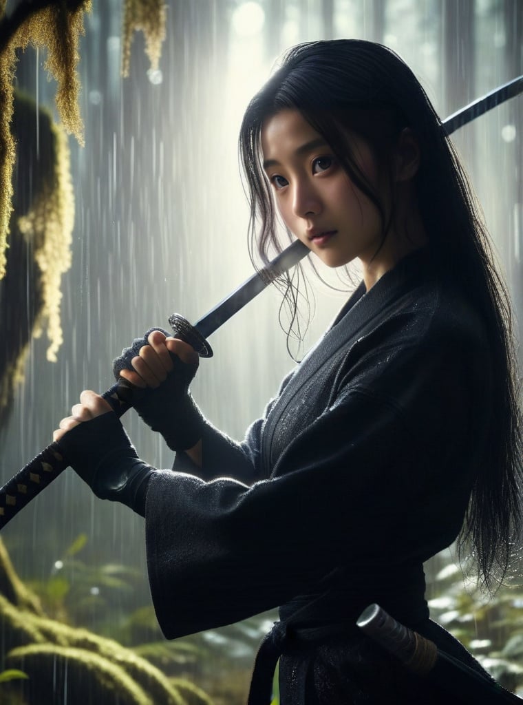 beautiful realistic ninja girl holding katana in a dewy, wearing dark black ninja Gi karate uniform and black eye mask, dynamic pose hidden in the shadows, rainy forest, mossy sun glare, dark forest back lighting, bar lighting, 8k resolution,perfecteyes eyes,more_details,fashionshot,Masterpiece,bl4ckl1ghtxl,Gothic,sprsum