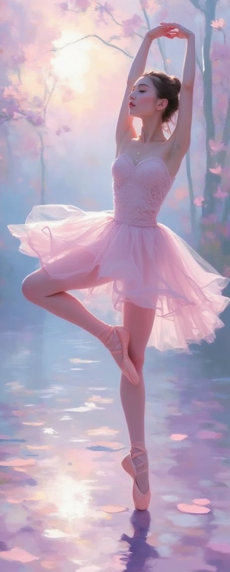 En Pointe Élan: A beautiful young woman stands tall, facing the camera, teasing the camera, her slender form poised in perfect balance as she holds the delicate curve of her leg aloft. Soft brushstrokes dance across the canvas, blending pastel hues of pale pink, lavender, and mauve to evoke a dreamlike quality. The ballerina's porcelain skin glows with a subtle luminescence, while her tutu unfolds like a wispy cloud around her ankles. A tapestry of colors - whispery blues, mauves, and pinks - unfurls behind her, evoking the soft focus of an impressionist landscape at dawn. The air is alive with movement, as if the very fabric of reality has been suspended in time to capture this fleeting moment of ethereal beauty.