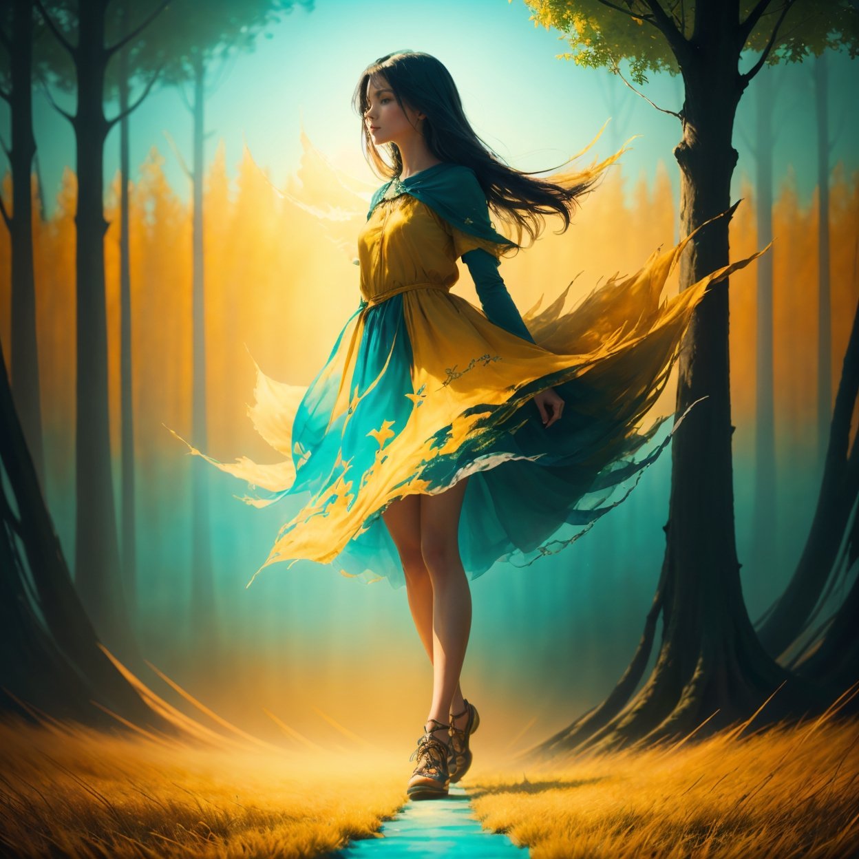 a girl walking through a field, in the style of ethereal trees, dark yellow and azure, majestic, sweeping seascapes, photorealistic representation, graceful balance, wimmelbilder, orange --ar 72:101 --stylize 750 --v 6