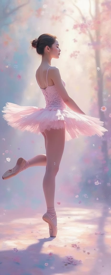 En Pointe Élan: A beautiful young woman stands tall, facing the camera, teasing the camera, her slender form poised in perfect balance as she holds the delicate curve of her leg aloft. Soft brushstrokes dance across the canvas, blending pastel hues of pale pink, lavender, and mauve to evoke a dreamlike quality. The ballerina's porcelain skin glows with a subtle luminescence, while her tutu unfolds like a wispy cloud around her ankles. A tapestry of colors - whispery blues, mauves, and pinks - unfurls behind her, evoking the soft focus of an impressionist landscape at dawn. The air is alive with movement, as if the very fabric of reality has been suspended in time to capture this fleeting moment of ethereal beauty.