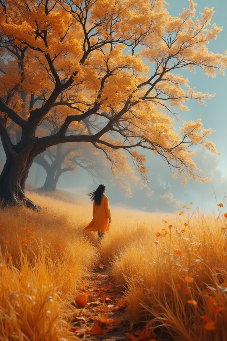 a girl walking through a field, yellow fall tree leaf colors, may tree leaves upper background, very windy, very tall dry grass, blowing boiling swirling wind, plowing leaves of grass, all the many leaves and color, in the style of ethereal trees, dark yellow and azure, majestic, sweeping seascapes, sloped terrain, photorealistic representation, graceful balance, wimmelbilder, orange --ar 72:101 --stylize 750 --v 6