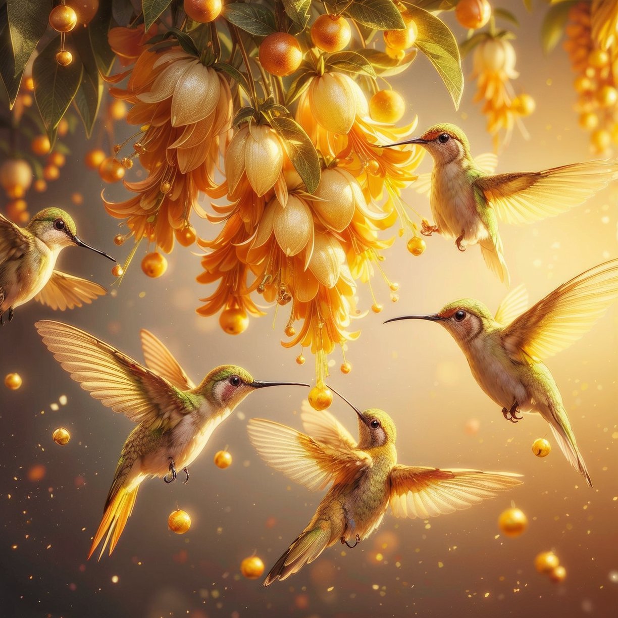 to happily jingle golden yellow hummingbirds, berries white hanging petals nectar, 8k resolution,Bird