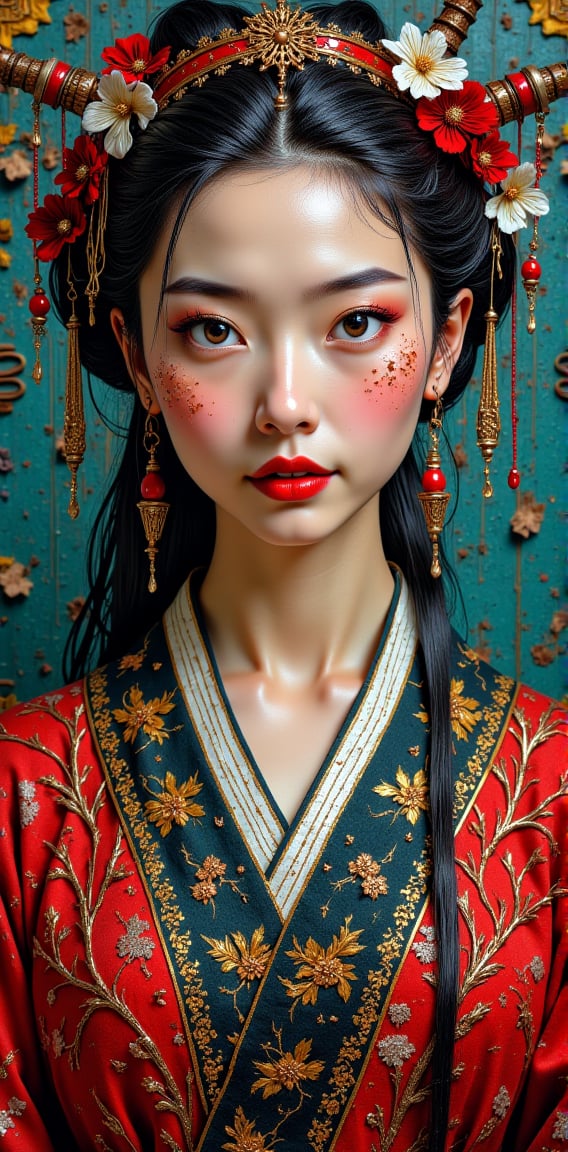 A painting of an Asian woman, Papier-Mâché, in the style of precisionist art, meticulous design, highly detailed illustrations, dark turquoise and red, rusty debris, eye-catching tags, flickr --ar 1:2 --stylize 750 --v 6