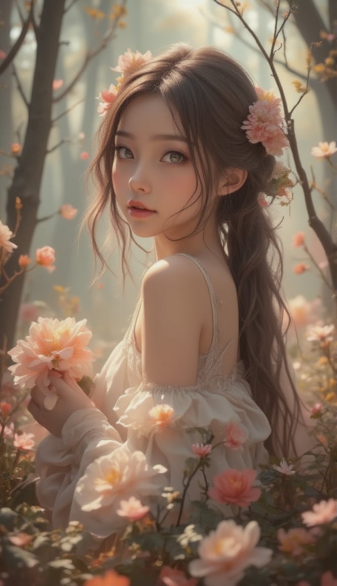 Portrait of a cute beautiful girl holding the most delicate flower, blured forest background, background colors should match forground colors in harmony, morning sunrise, 8k