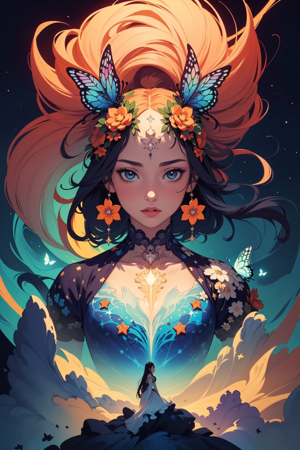 covered in medium and orange stars and butterflies(masterpiece, top quality, best, official art, beautiful and aesthetic:1.2),(masterpiece, top quality, best quality, official art, beautiful and aesthetic:1.2),(masterpiece, top quality, best quality, official art, beautiful and aesthetic:1.2), (1girl:1.3), extreme detailed,(fractal art:1.3),colorful,highest detailed