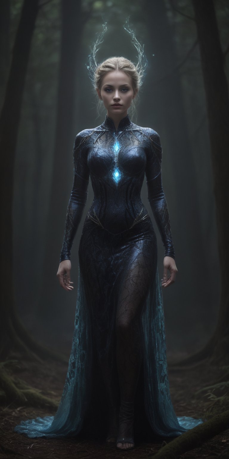 A mystifying vision unfolds as a woman with a radiant aura outline emerges from the shadows of a dark bioluminous, forest. Medium shot captures her striking presence, as she stands tall in a luminous ensemble that shimmers like neon lights. Her hourglass figure is accentuated by the flowing garment, while delicate facial features seem almost otherworldly. Silhouettes of trees loom softly behind her, illuminated only by the gentle glow emanating from her very being.