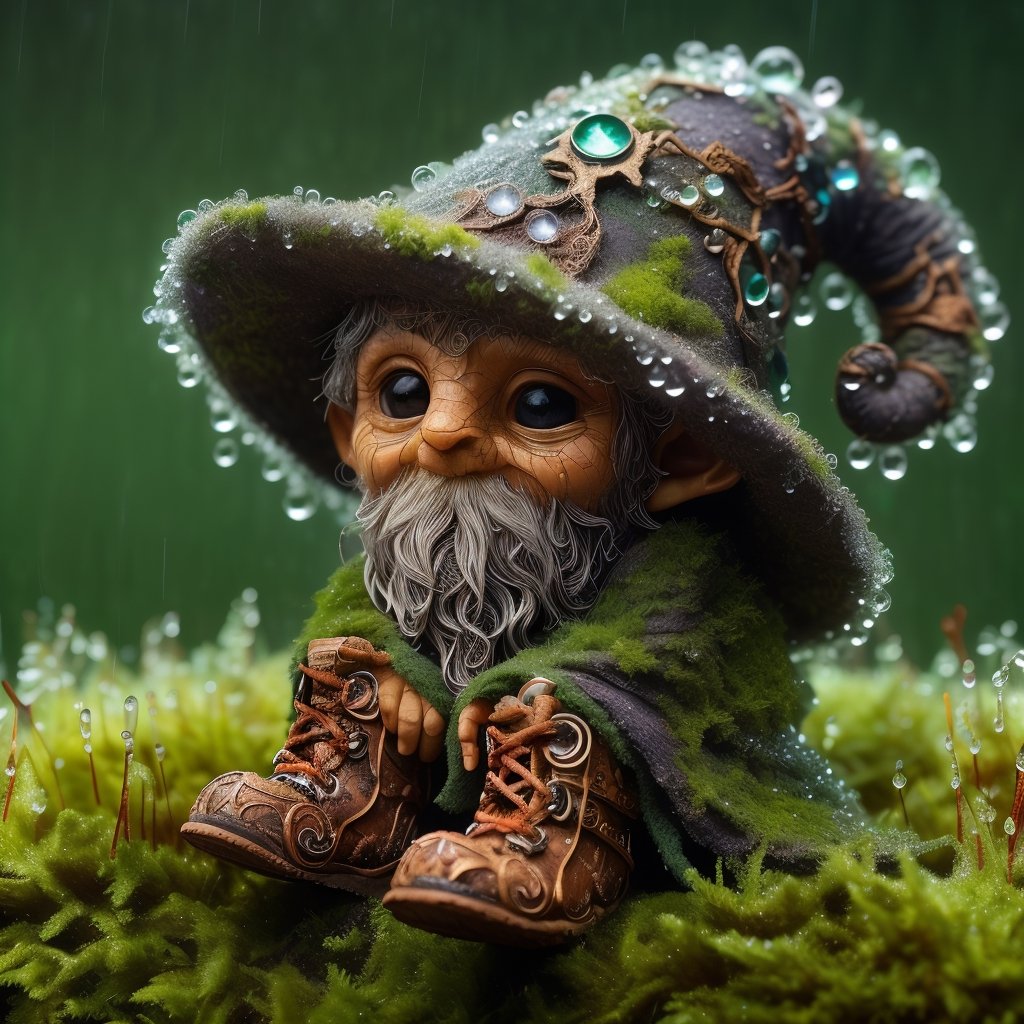 A cute diminutive moss covered dewy male male wizard, wrinkled old looking skin, close up in a dewy rain forest, intricate wizarding costume cragged materials, In a tilt-shift, macro-photographed scene with a shallow depth of field, a tiny, iridescent mystic wizard, intricate gnarled leather wizarding boots, its body a mesmerizing mosaic of microscopic mirrors and gears, perches on the velvety, emerald-green edge of a dew-kissed leaf, surrounded by a constellation of glistening, crystal-like droplets that refract and reflect the soft, golden light filtering through the forest canopy above, amidst a tapestry of intricate, lace-like ferns and moss-covered twigs, with the blurred, bokeh-rich background a warm, earthy blend of umber, sienna, and olive hues.