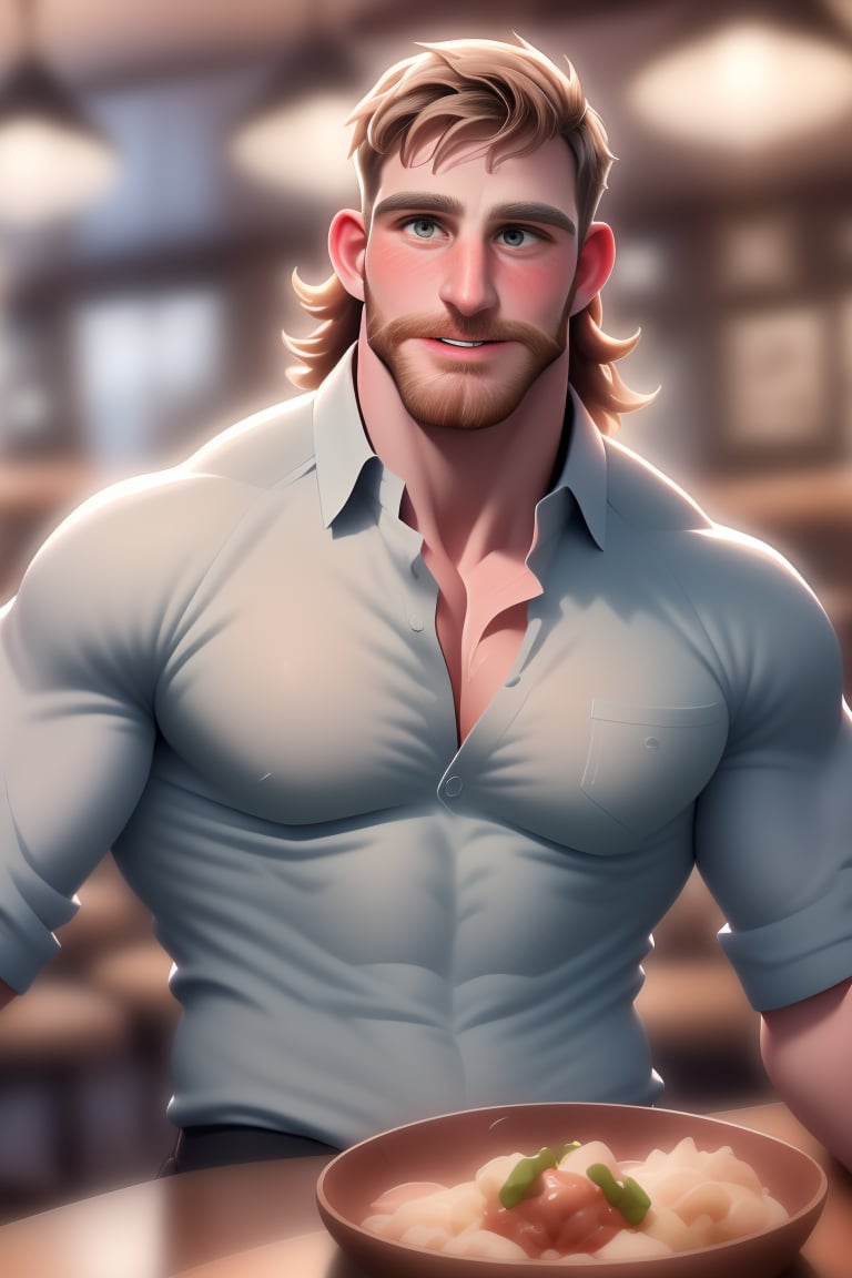 (masterpiece, only realistic, high quality), image of a handsome masculine manly Welsh man called Herin, medium hair, brown hair, beard, wearing collared shirt, at the table, in restaurant, drunk, blush, mouth open, drooling