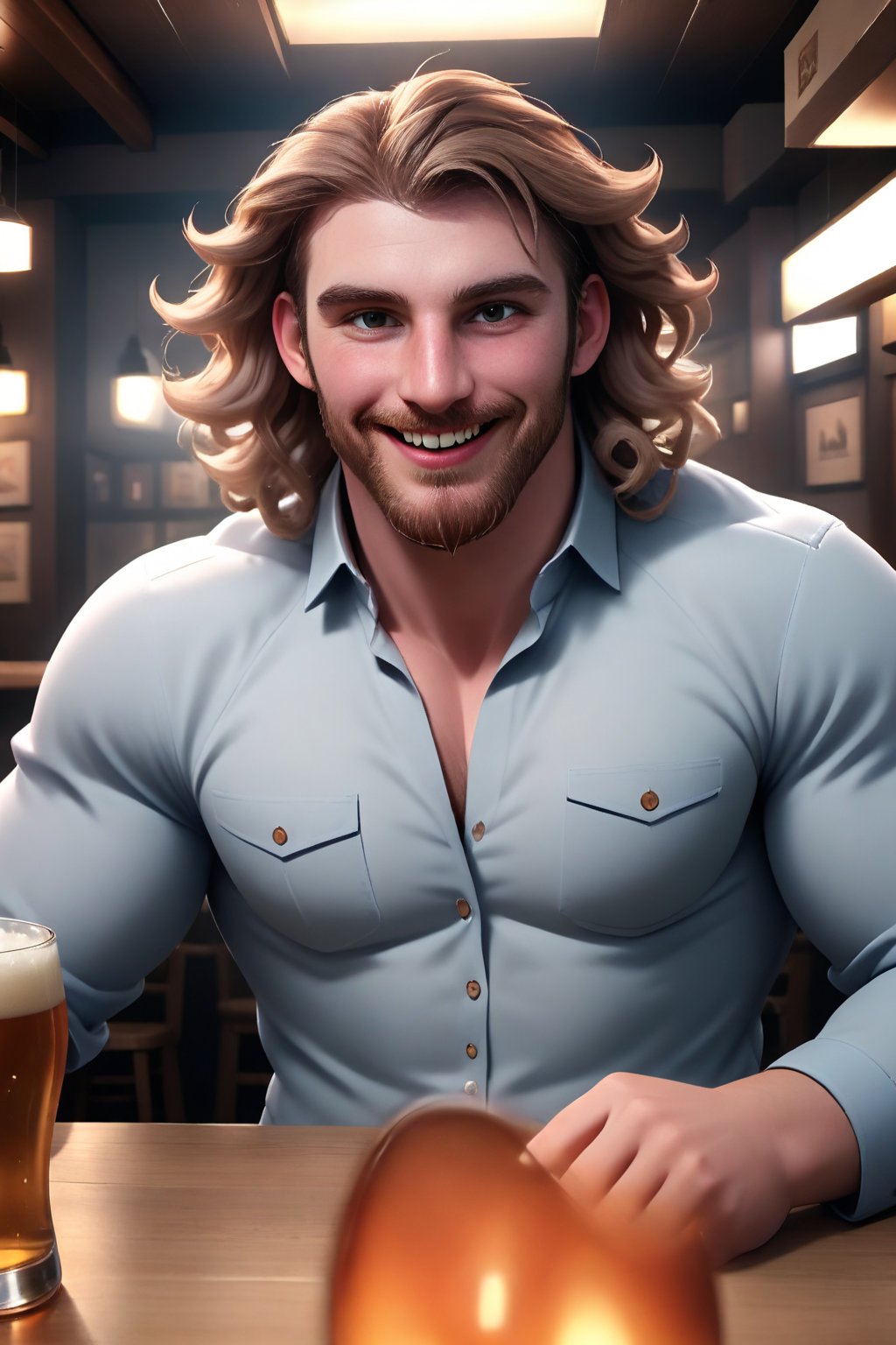 (masterpiece, only realistic, high quality), image of a handsome masculine manly WELSH MAN called herin, pale-brown long messy wavy hair,  beard, wearing collared shirt, at the table, in restaurant, (drunk, blush, evil-grinning:1.1), beer, sake, drink, highres, uhd, fun, for fun