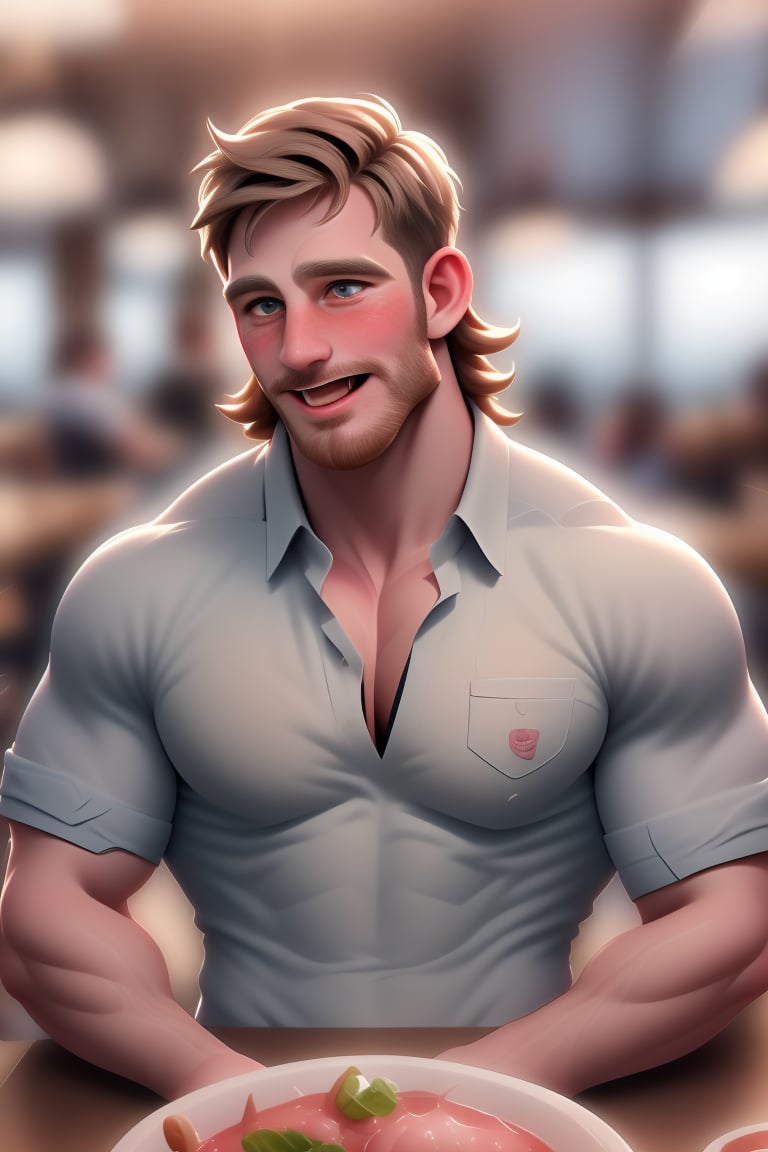 (masterpiece, only realistic, high quality), image of a handsome masculine manly Welsh man called Herin, medium hair, brown hair, beard, wearing collared shirt, at the table, in restaurant, ((drunk, blush, mouth open, drool)), sake, party, happy, cheers