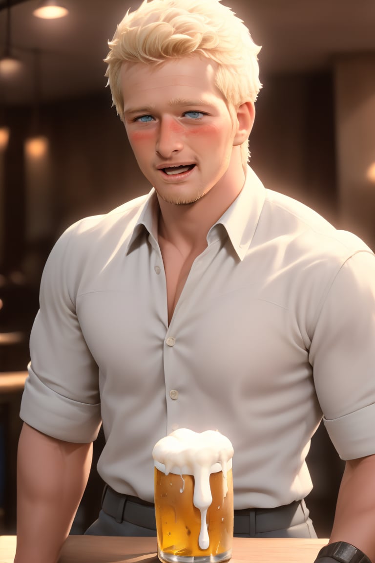 (masterpiece, only realistic, high quality), image of a handsome masculine manly English man called ryuder, short hair, pale-blonde hair, beard, wearing collared shirt, at the table, in restaurant, (drunk, blush, mouth open, drooling, laugh:1.1), beer, sake, drink, highres, uhd, fun