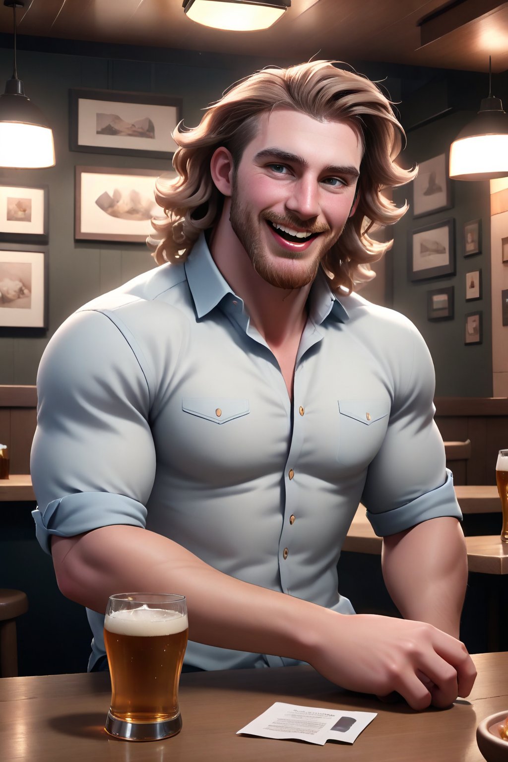 (masterpiece, only realistic, high quality), image of a handsome masculine manly WELSH MAN called herin, pale-brown long messy wavy hair,  beard, wearing collared shirt, at the table, in restaurant, (drunk, blush, mouth open, drooling, laugh:1.1), beer, sake, drink, highres, uhd, fun