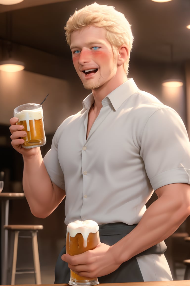 (masterpiece, only realistic, high quality), image of a handsome masculine manly English man called ryuder, short hair, pale-blonde hair, beard, wearing collared shirt, at the table, in restaurant, (drunk, blush, mouth open, drooling, laugh:1.1), beer, sake, drink, highres, uhd, fun