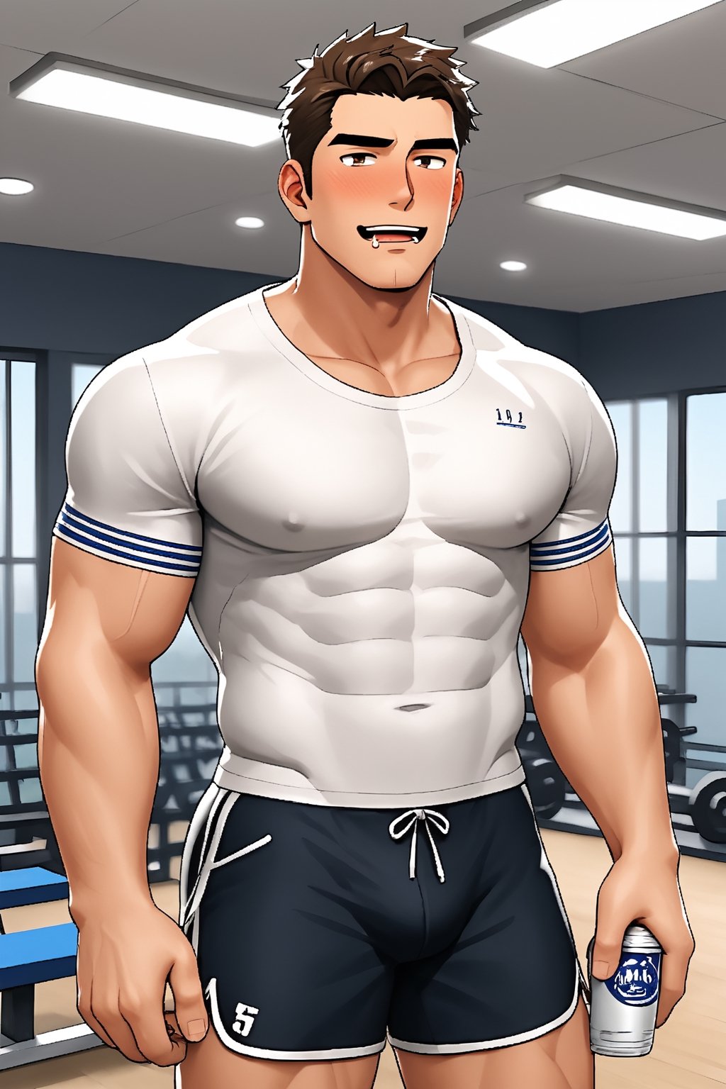 SCORE_9, SCORE_8_UP, 1BOY, MATURE MALE, SPORTSWEAR, SHIRT, SHORTS, AT THE GYM, DRINK, BLUSHES, DRUNK, MUSCULAR, SHORT HAIR, CHEERS, YATTA NE!, DROOLING FOR FUN, HANDSOME, INTRICATE EYES, MANLY MALE, 3D, CEL-SHADING, SOURCE_ANIME, RATING_QUESTIONABLE,  ,sh4wnman