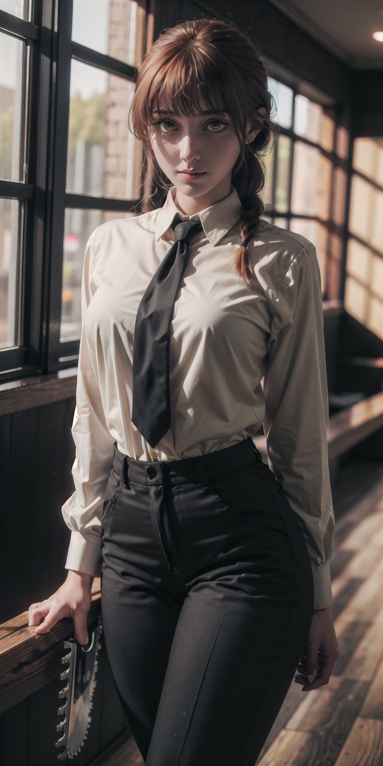 perfecteyes,makima (chainsaw man), 1girl, ringed eyes, black necktie, braided ponytail, collared shirt, indoors, yellow eyes, sidelocks, ((black pants)), ((tight clothes)), thick thighs, thin waist