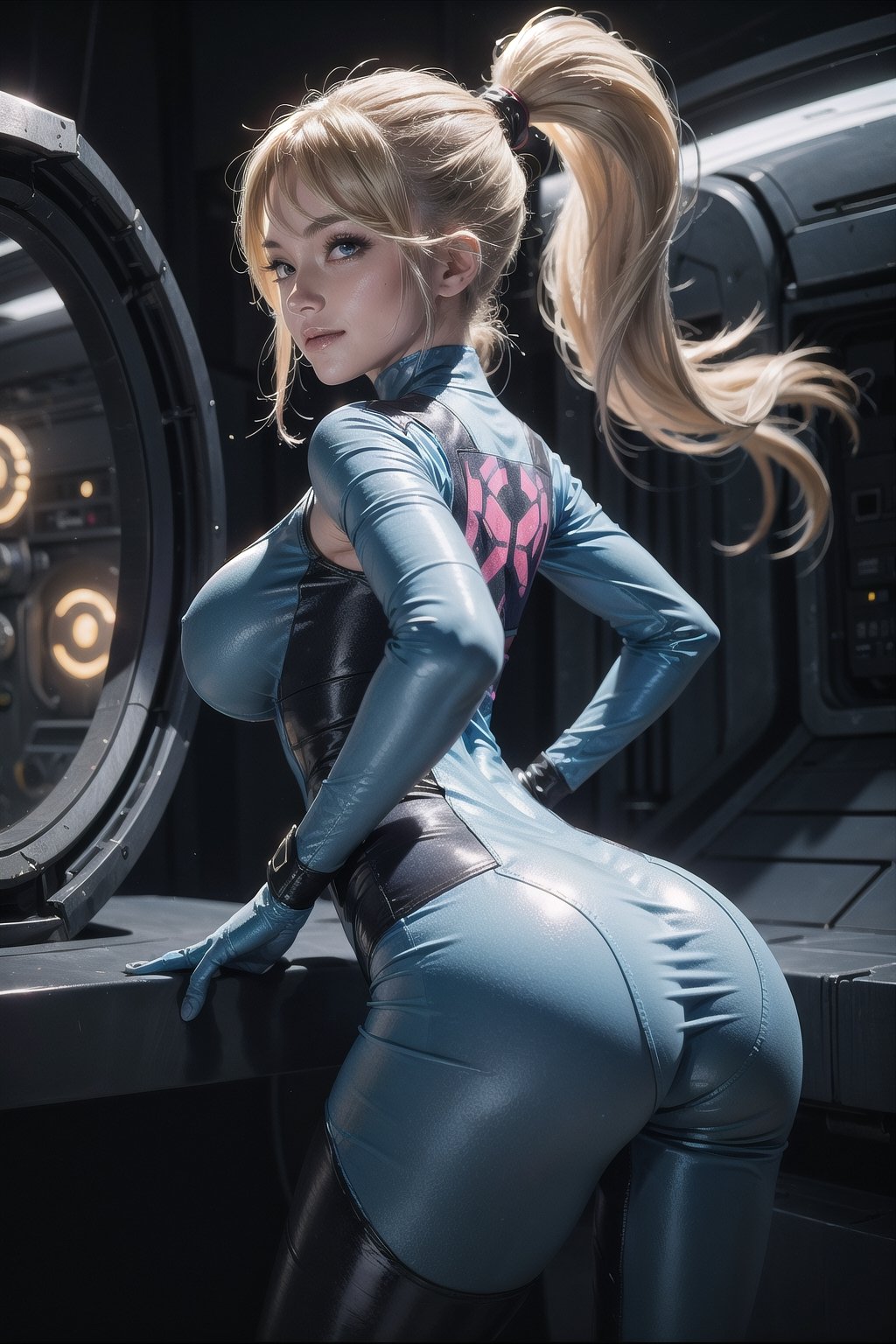 masterpiece,((round ass)),best quality, samus aran, ponytail, wristband,close up, toned body, no stitch pattern, Standing, looking at viewer, smile, futuristic building interior, samus aran, large ass, undersized clothes,((W ass pose)), ponytail, skin tight outfit, hair tie, blue gloves,blue bodysuit, upper body, inside space ship, smug, ((showing ass)), shiny skin,reflective skin, sharp, Perfect Body Beauty, realistic shaded, perfect body,