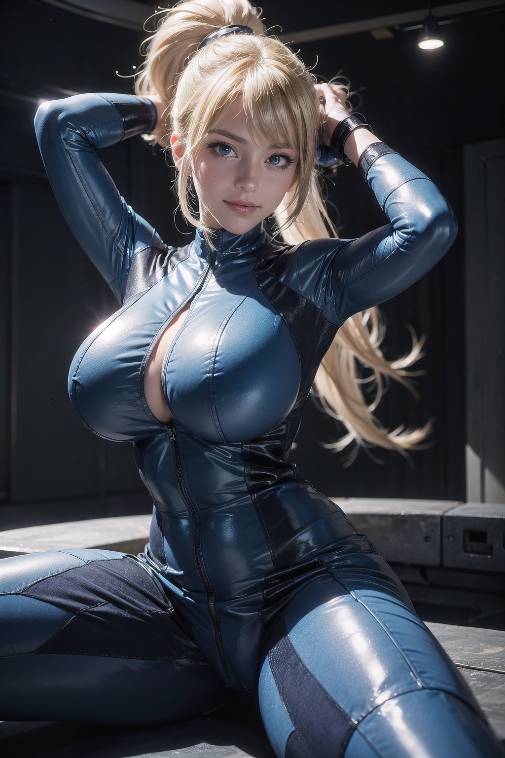 masterpiece,( (seperate boobs)),best quality, samus aran, ponytail, wristband,close up,((spread legs,W pose)),arms up, ((led light on boobs)), toned body, no stitch pattern, looking at viewer, smile, futuristic building interior, samus aran, large breasts , undersized clothes,ponytail, skin tight outfit, hair tie, blue gloves,blue bodysuit, upper body, inside space ship, smug, ((sitting)), shiny skin,reflective skin, sharp, Perfect Body Beauty, realistic shaded, perfect body,